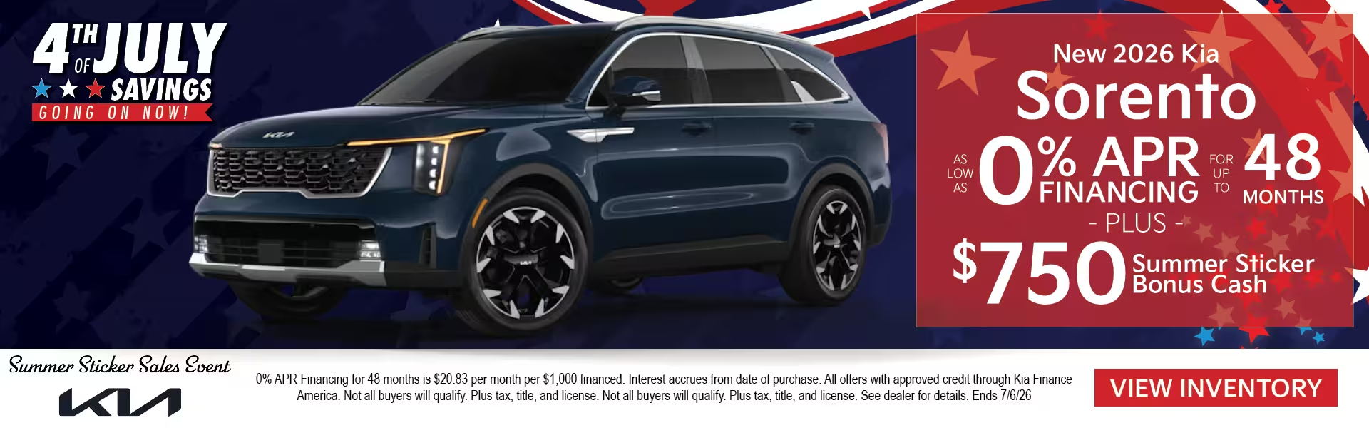 New 2026 Kia Sorento - As low as 0% APR Financing for up to 48 months plus $750 Sticker Bonus Cash